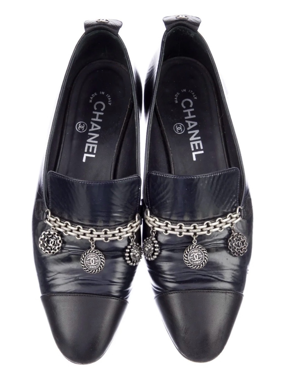 CHANEL Black Leather Chain Charm Loafers with Silver Accents